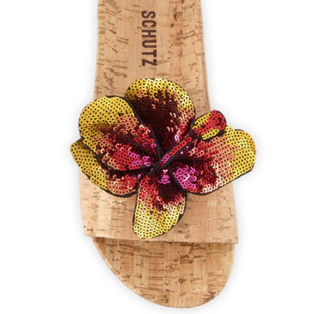 SCHUTZ Geisa Sequin Flower Cork Sandals